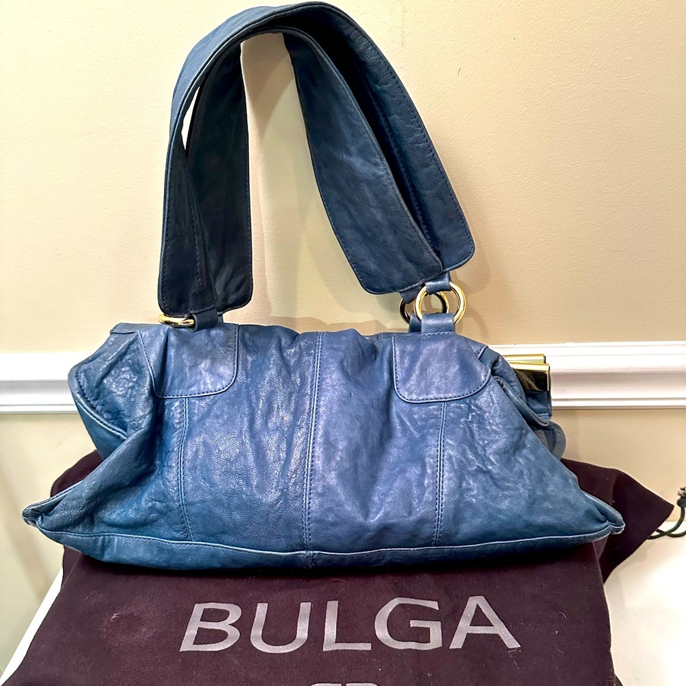 BULGA authentic vintage blue leather bag with dust bag. 3 pockets inside